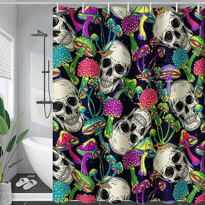 AILONEN Skull Shower Curtain for Bathroom,Mushroom Skull Bath Curtain Decoration,Fantasy Fungus Skeleton Print Waterproof Black Curtain with 12 Plastic Hooks, 72" W*78" H