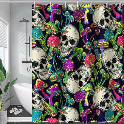 AILONEN Skull Shower Curtain for Bathroom,Mushroom Skull Bath Curtain Decoration,Fantasy Fungus Skeleton Print Waterproof Black Curtain with 12 Plastic Hooks, 60" W*72" H