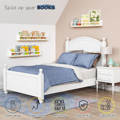 36 Inches Long Nursery Floating Shelves for Wall, Large Wall Book Shelves for Kids Room, White and Natural Haning Bookshelf for Toddlers Child Kids Bedroom Classroom Library (Set of 3)