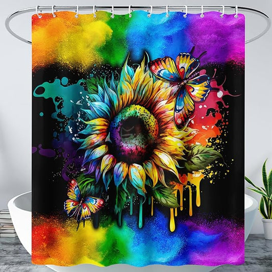 AILONEN Sunflower Shower Curtain, Watercolor Flower Rainbow Decoration,Polyester Fabric,Waterproof with 12 Plastic Hooks Shower Curtains Washable, 72" W x 96" H
