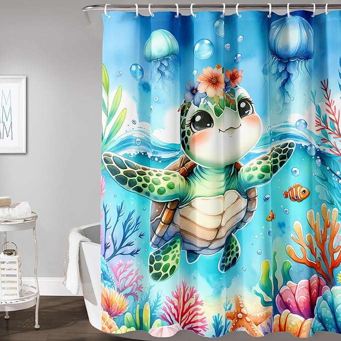 AILONEN Sea Turtle Shower Curtain for Bathroom,Cute Ocean Turtle Shower Curtain with 12 Plastic Hooks,Colorful Coral Jellyfish Print Bath Curtain Polyester Waterproof 72" W*78" H