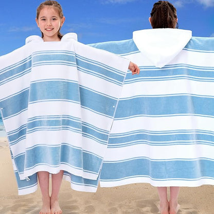 VOOVA & MOVAS Hooded Poncho Towels for Big Kids Boys (8-16Years), 100% Cotton Thick Poncho Towel Robe for Kids, Perfect for Pool, Beach, Bath and Gifts, Blue White Stripe