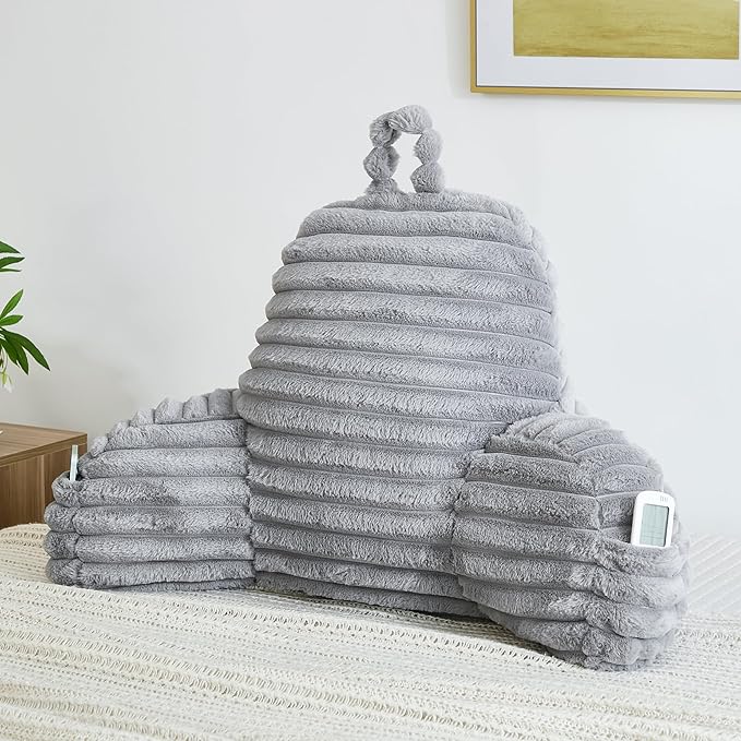 Faux Fur Fluffy Gray Reading Pillow with Pockets, Luxury Striped Plush Decorative, Arm Rests and Back Surport for Bed Rest, Lounging on Sofa, Large
