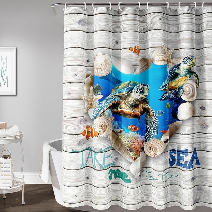 AILONEN 3D Printed Sea Turtle Shower Curtain, Ocean Coast Wooden Style Bathroom Curtain,Shell Turtle Bath Curtain 48" W*72" H Polyester Waterproof Bathroom Curtain with 12 Hooks