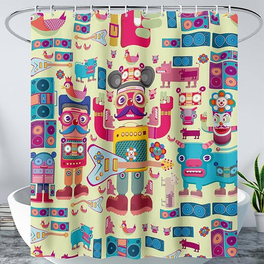 AILONEN Cartoon Robot Shower Curtain Sets,Beautiful Music Guitar Robots Theme Bathroom Decors, 72" W*96" H Cute Shower Curtain for Boys Girls Teens Kids