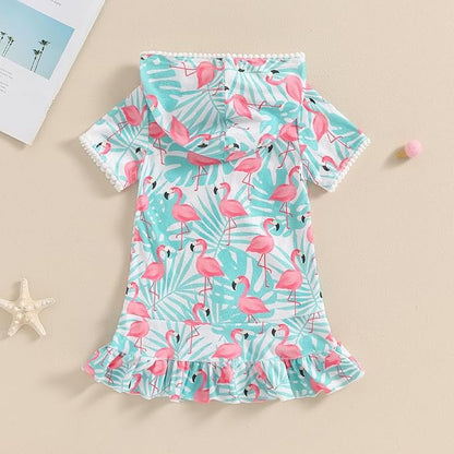 Toddler Beach Towel with Hood Kids Waffle Swim Cover Up Bath Towel Surf Poncho Boys Girls Hooded Beach Towel (Green Flamingo, 3-4 Years)