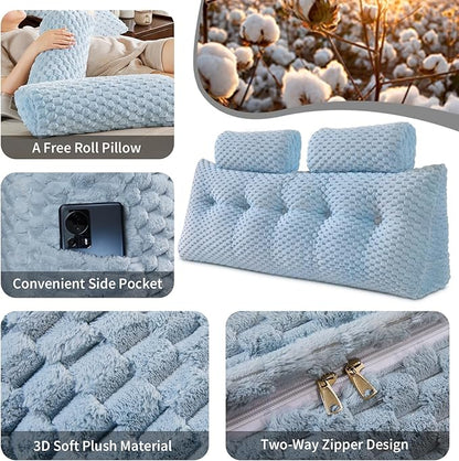 Wedge Headboard Pillow - Bed Wedge Pillow for Headboard Triangular Headboard Pillow with Neck Roll Pillow-Large Bolster Pillow for Sitting in Bed Backrest Positioning Support (Blue,59x8x20 Inches)