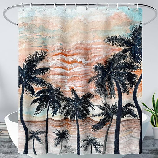 AILONEN Beach Shower Curtain,Retro Afterglow Bathroom Shower Curtain Sets for Girls Boys Teens Women, 60" W*72" H Sunset Coconut Tree Theme Bathroom Decors