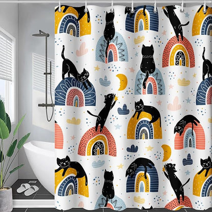AILONEN Cat Shower Curtain, Rainbow Cat Bath Curtain,Cute Black Cat Bathroom Curtain Decor,Cat Lover Polyester Waterproof 72" W*72" H Shower Curtain (12 Hooks)