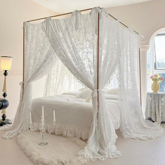 Mengersi Canopy Bed Curtains with Tie Backs,Bed Canopy Curtains Bed Drapes Sheer Curtains for Bedroom Decor（California King,White