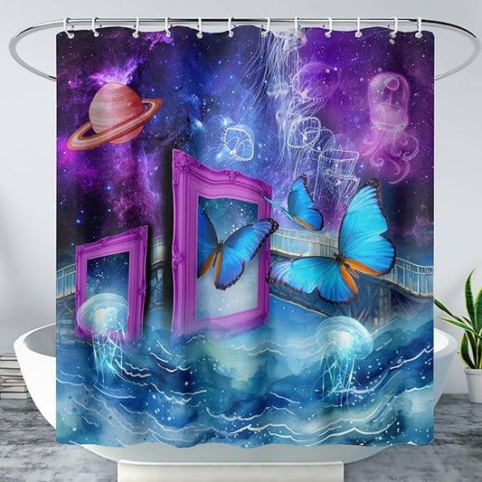 AILONEN Blue Butterfly Shower Curtains,Purple Galaxy Bath Curtains for Bathroom for Girls,Blue Ocean Jellyfish Curtains,Polyester Waterproof with 12 Hooks 48" W*72" H