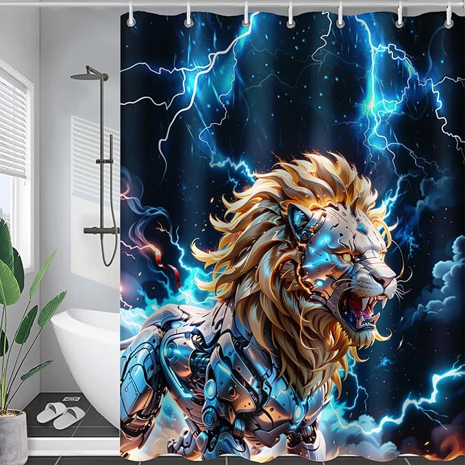 AILONEN Lion Shower Curtain,Evening Lightning Howling Lion Bath Curtain,Fierce Lion Bathroom Curtain Decor,Safari Animal Polyester Waterproof 72" W*96" H Shower Curtain (12 Hooks)