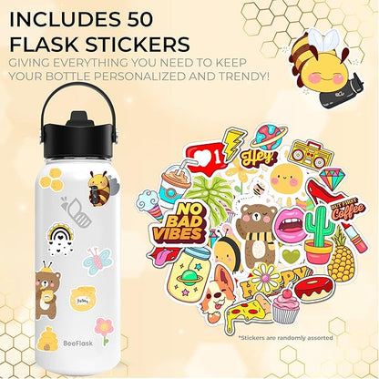 Sports Water Bottle - 32 Oz, Includes 50 Cute Flask Stickers, 3 Lids (With straw), Vacuum Insulated, 308 Stainless Steel, with a Portion of Sales Supporting Bee Conservation | White