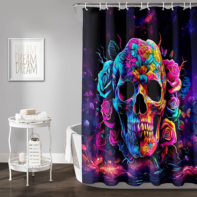 AILONEN Sugar Skull Shower Curtain for Bathroom,Romantic Rose Flower Skull Bath Curtain Decoration,Colorful Skeleton Print Waterproof Purple Curtain with 12 Plastic Hooks, 48" W*72" H