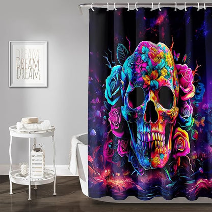 AILONEN Sugar Skull Shower Curtain for Bathroom,Romantic Rose Flower Skull Bath Curtain Decoration,Colorful Skeleton Print Waterproof Purple Curtain with 12 Plastic Hooks, 48" W*72" H