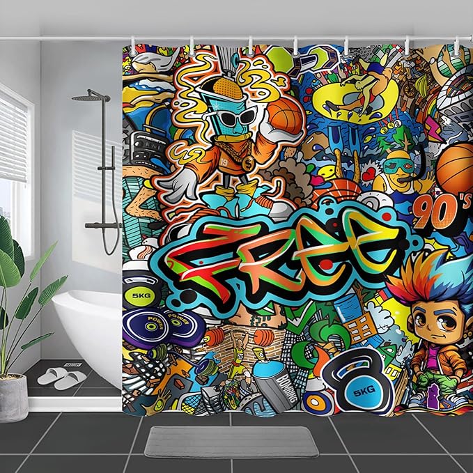AILONEN Sport Graffiti Shower Curtain for Bathroom,Colorful Graffiti Pattern Bathroom Curtain for Kids Boys Girls,Bath Curtain 72" W*72" H Polyester Waterproof Bathroom Curtain with 12 Hooks