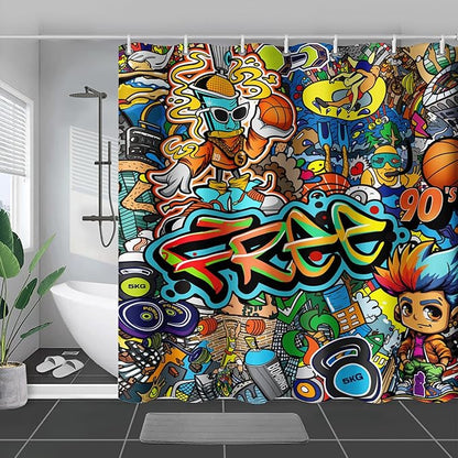 AILONEN Sport Graffiti Shower Curtain for Bathroom,Colorful Graffiti Pattern Bathroom Curtain for Kids Boys Girls,Bath Curtain 48" W*72" H Polyester Waterproof Bathroom Curtain with 12 Hooks