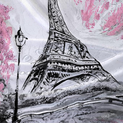 AILONEN Paris Tower Shower Curtain,Retro Gray Tower Waterproof Shower Curtain Set for Boys Kids Teens, 72" W*78" H Cherry Tree Eiffel Tower Pen Drawing Style Shower Curtains