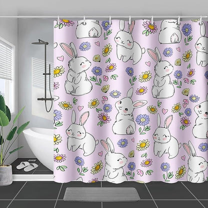 AILONEN Rabbit Bunny Shower Curtain for Bathroom,Cute Animal Shower Curtain Colorful Flower Decor Bath Curtain 36" W*72" H Polyester Fabric Waterproof Bathroom Bathtub Curtain with 12 Hooks