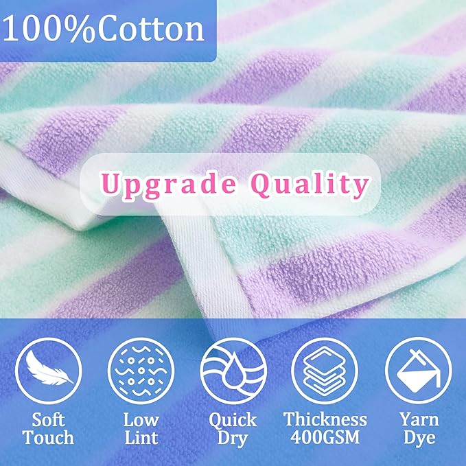 VOOVA & MOVAS Poncho Towels for Kids Absorbent - (4-8Years) - Quick Dry Lightweight Cotton Hooded Towel Robe for Pool | Swim | Beach | Bath, Aqua Purple Stripe