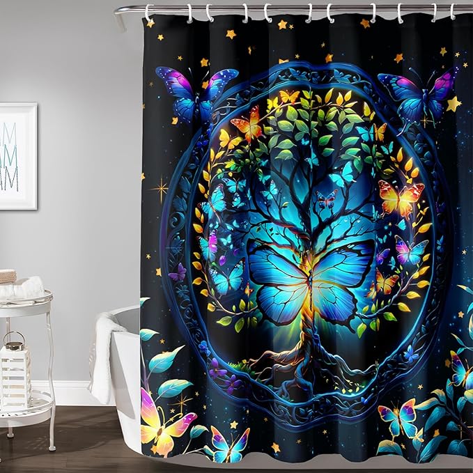 AILONEN Tree of Life Shower Curtain for Bathroom,Glowing Butterfly Starry Bath Curtain,Modern Tree Floral Print Curtain Decoration Waterproof with 12 Plastic Hooks for Boys Girls Adults 72" W*84" H