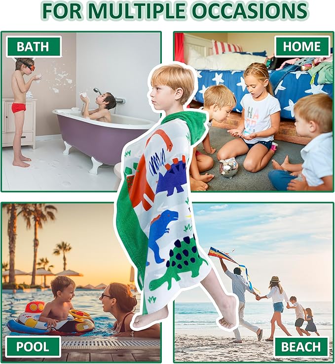 Kids Bath Towel Hooded - Cotton Kids Beach Towel 30"x50" for Ages 3 to 10, Toddler Towels with Hood Snaps, Soft Terry Poncho Towel as Pool Swim Cover Ups for Girls Boys (Dino Green)