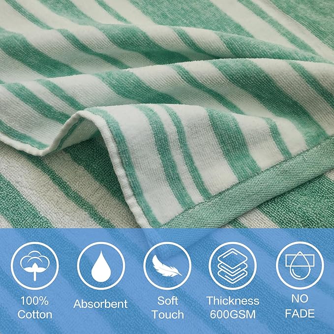 VOOVA & MOVAS Hooded Beach Towels for Boys| Girls | Teens (8-16Years), 100% Cotton Thick Poncho Towel Robe for Big Kids, Perfect for Pool, Beach, Bath and Gifts, Green Cabana Stripe Design