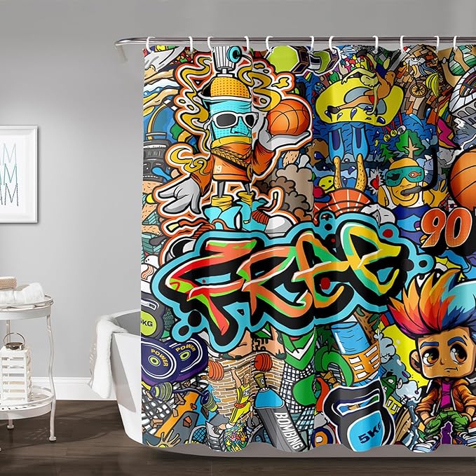 AILONEN Sport Graffiti Shower Curtain for Bathroom,Colorful Graffiti Pattern Bathroom Curtain for Kids Boys Girls,Bath Curtain 48" W*72" H Polyester Waterproof Bathroom Curtain with 12 Hooks