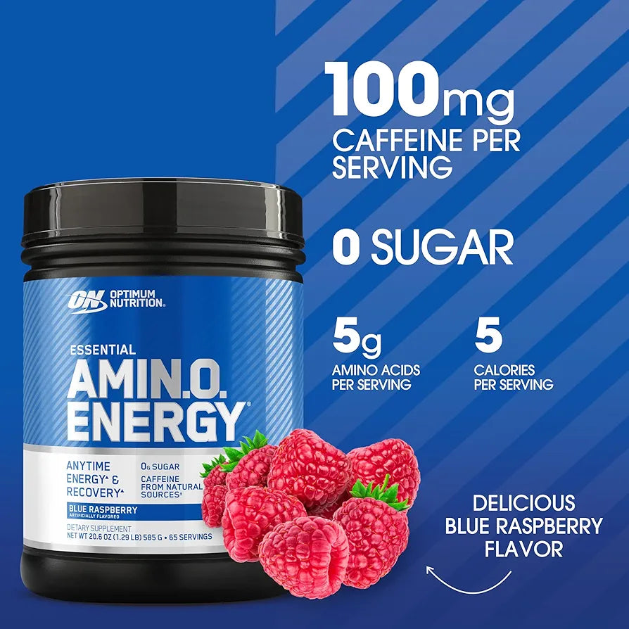 Optimum Nutrition Amino Energy - Pre Workout with Green Tea, BCAA, Amino Acids, Keto Friendly, Green Coffee Extract, Energy Powder - Blue Raspberry, 65 Servings 