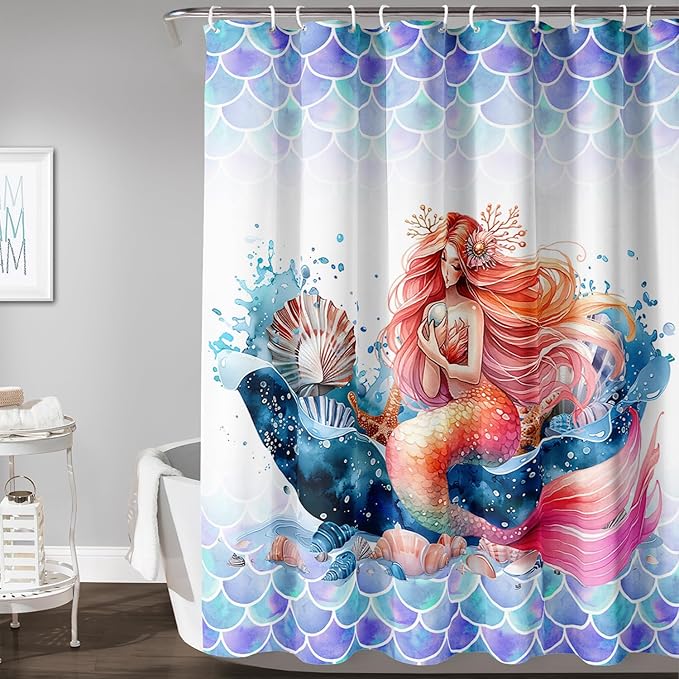 AILONEN Mermaid Shower Curtain,Watercolor Whale and Mermaid Bath Curtain,Beautiful Mermaid Princess Shower Curtain Ocean Fish Scale Print Curtain Waterproof with 12 Plastic Hooks, 72" W*78" H