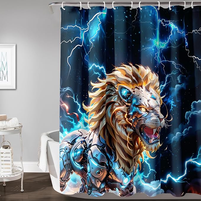 AILONEN Lion Shower Curtain,Evening Lightning Howling Lion Bath Curtain,Fierce Lion Bathroom Curtain Decor,Safari Animal Polyester Waterproof 72" W*96" H Shower Curtain (12 Hooks)