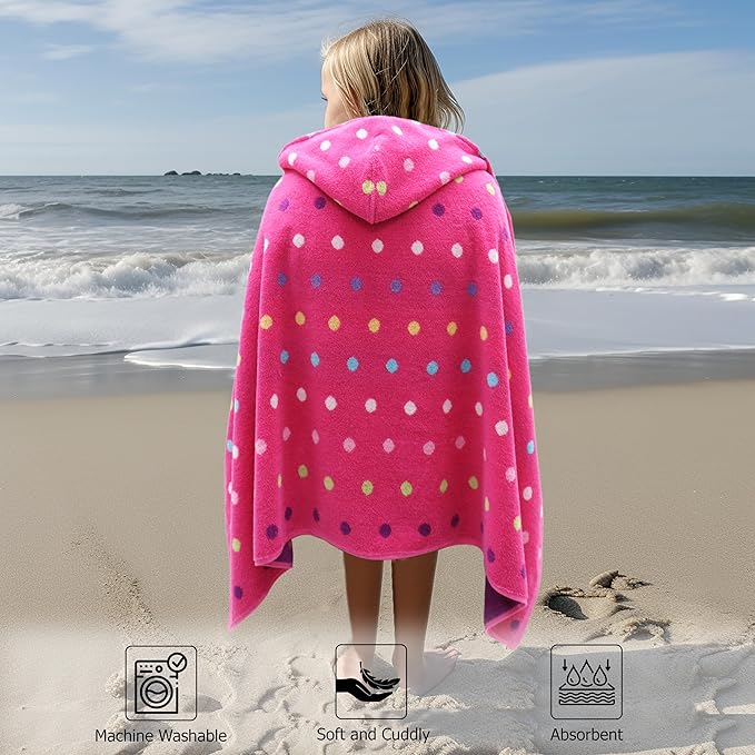 Hooded Bath Towel Wrap - 100% Cotton Jacquard Reversible Large Hooded Kids Towel - Toddler Shower Pool Beach Towel - Soft Plush Absorbent Quick Dry Easy Care Gift -26x50- Pink Multicolor