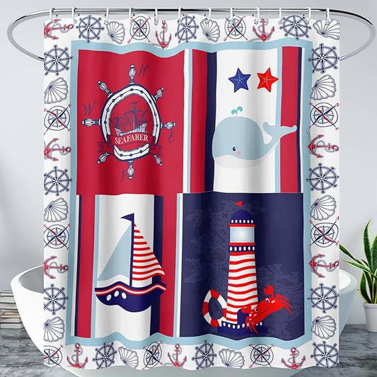 AILONEN Ocean Voyage Shower Curtain 60" W*72" H Coast Whale Lighthouse Rudder Ocean Animal Theme Bathroom Curtain,Teen Men Boys Curtain Polyester Waterproof Seafarer Bathroom Curtain with 12 Hooks