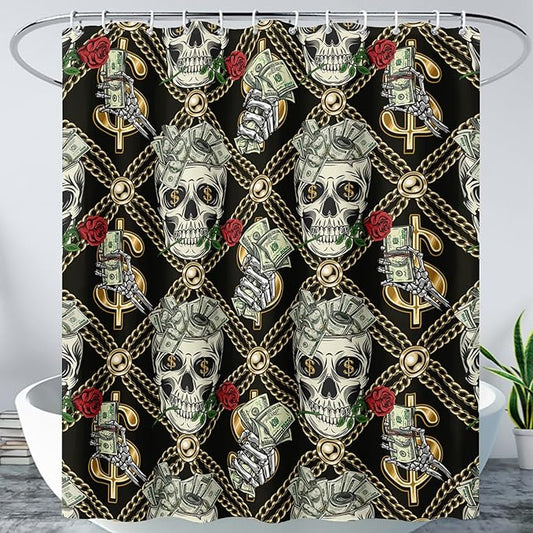 AILONEN Skull Shower Curtain for Boys,Gold Money Skeleton Bath Curtain for Decor,Luxurious Skull Print Shower Curtain with 12 Plastic Hooks,Waterproof 72" W*96" H