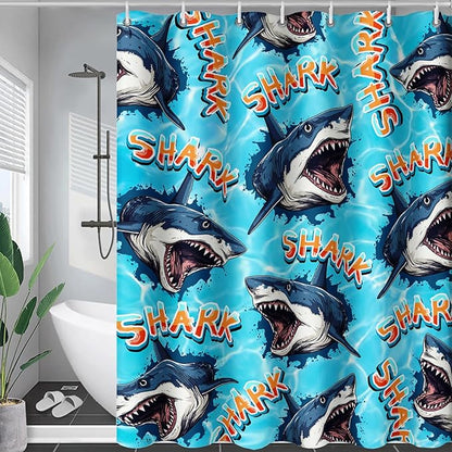 AILONEN Blue Shark Shower Curtain,Scream Shark Bath Curtain Gifts for Kids,Ocean Animal Polyester Waterproof with 12 Plastic Hooks, 36" W*72" H Blue