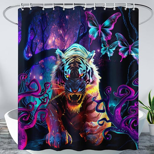 AILONEN 3D Tiger Shower Curtain for Bathroom,Purple Magic Forest Wildlife Printed Bath Curtain,Boys Roaring Tiger Decoration Shower Curtain Waterproof 60" W*72" H