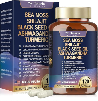 25-in-1 Sea Moss Black Seed Oil Ashwagandha Ginger Shilajit Supplement 18525mg, Sea Moss Capsules with Bladder Burdock Ceylon Cinnamon Berberine ACV Manuka VIT C&D3 for Immune, Gut & Energy, 120 Caps