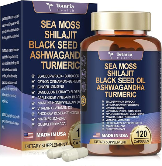 25-in-1 Sea Moss Black Seed Oil Ashwagandha Ginger Shilajit Supplement 18525mg, Sea Moss Capsules with Bladder Burdock Ceylon Cinnamon Berberine ACV Manuka VIT C&D3 for Immune, Gut & Energy, 120 Caps