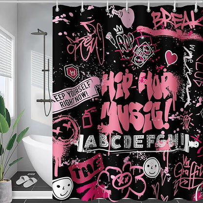 AILONEN Black Pink Graffiti Shower Curtains for Teens Girls,Hip-Hop Music Bath Shower for Bathroom,Polyester Waterproof with 12 Hooks,72" W*72" H Black Pink