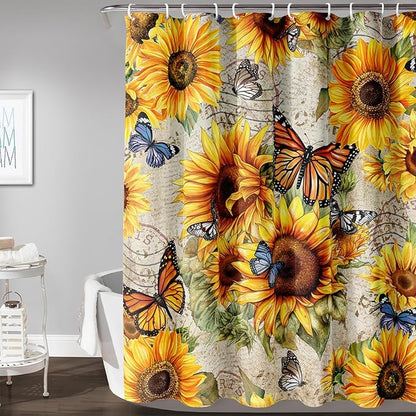 AILONEN Girls Sunflower Shower Curtain,Butterfly Sunflower Bath Curtain for Kids Women,Vintage Yellow Flower Decor Bathroom Curtain with 12 Plastic Hooks, 72" W x 72" H