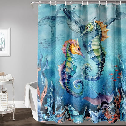 AILONEN Seahorse Shower Curtain for Bathroom,Watercolor Seahorse Bath Curtain,Blue Ocean Animal Whale Coral Fish Shower Curtain Waterproof with 12 Plastic Hooks, 72" W*84" H