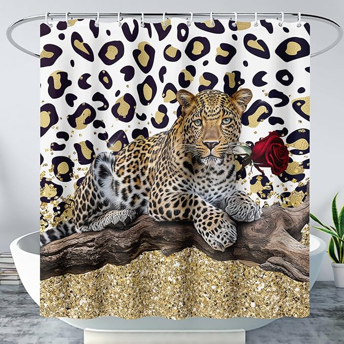 AILONEN Leopard Shower Curtains for Bathroom,Rose Leopard Bath Shower Gifts for Lover,Wild Animal Curtains Polyester Waterproof with 12 Plastic Hooks 48" W*72" H