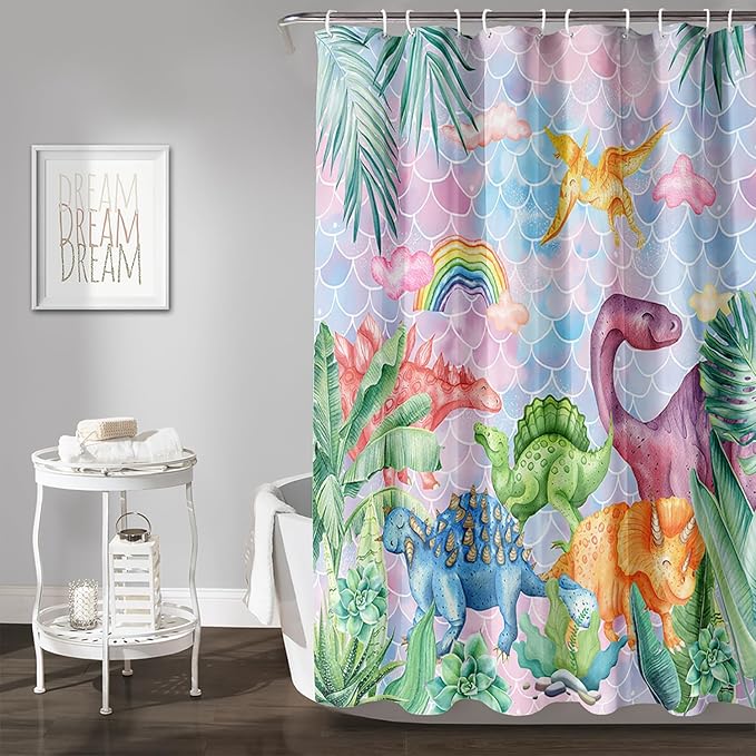 AILONEN Girls Dinosaur Shower Curtain 72" W*84" H for Bathroom,Cute Dinosaur Bathroom Shower for Kids Girls,Cartoon Dinosaur Rainbow Bath Curtain Polyester Waterproof Shower Curtain with 12 Hooks