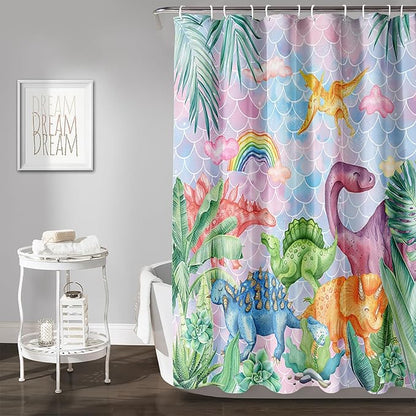 AILONEN Girls Dinosaur Shower Curtain 72" W*84" H for Bathroom,Cute Dinosaur Bathroom Shower for Kids Girls,Cartoon Dinosaur Rainbow Bath Curtain Polyester Waterproof Shower Curtain with 12 Hooks