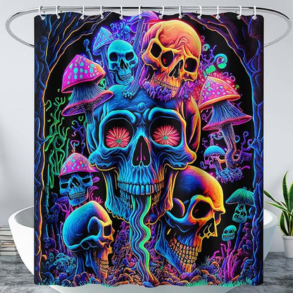 AILONEN Mushroom Skull Shower Curtain for Bathroom,Purple Mushroom Skull Bath Curtain,Fantasy Fairy Skull Skeleton Decoration Bathroom Waterproof Shower Curtain with 12 Plastic Hooks, 72" W*72" H