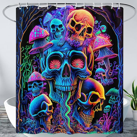 AILONEN Mushroom Skull Shower Curtain for Bathroom,Purple Mushroom Skull Bath Curtain,Fantasy Fairy Skull Skeleton Decoration Bathroom Waterproof Shower Curtain with 12 Plastic Hooks, 72" W*72" H