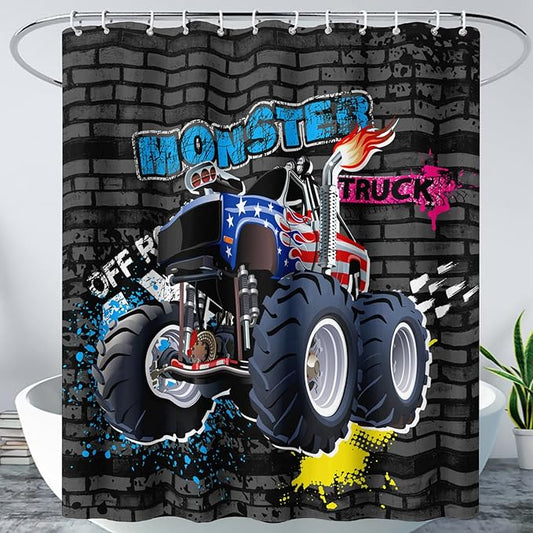 AILONEN Monster Truck Shower Curtain, Black Retro 3D Printed Truck Bath Curtain for Boys,Red Blue Truck Car Bathroom Decor Waterproof Fabric 72" W*78" H Inch with 12 Plastic Hooks