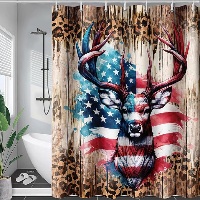 AILONEN Deer Hunting Shower Curtain for Bathroom Decor,American Flag Elk Bath Curtain for Kids Boys Teens,Safari Deer Print Curtain,Polyester Waterproof with 12 Plastic Hooks 48" W*72" H