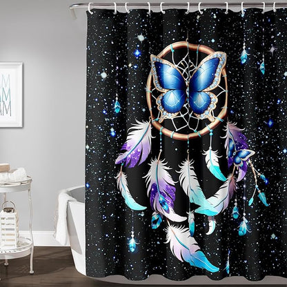 AILONEN Butterfly Dreamcatcher Shower Curtain, Blue Starry Galaxy Butterfly Bath Curtain,Dream Catcher Feather Print Waterproof Bathroom Curtain with 12 Plastic Hooks for Girls Women 72" W*72" H