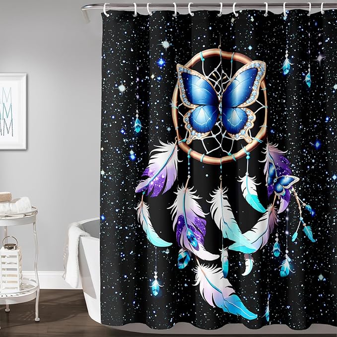 AILONEN Butterfly Dreamcatcher Shower Curtain, Blue Starry Galaxy Butterfly Bath Curtain,Dream Catcher Feather Print Waterproof Bathroom Curtain with 12 Plastic Hooks for Girls Women 60" W*72" H